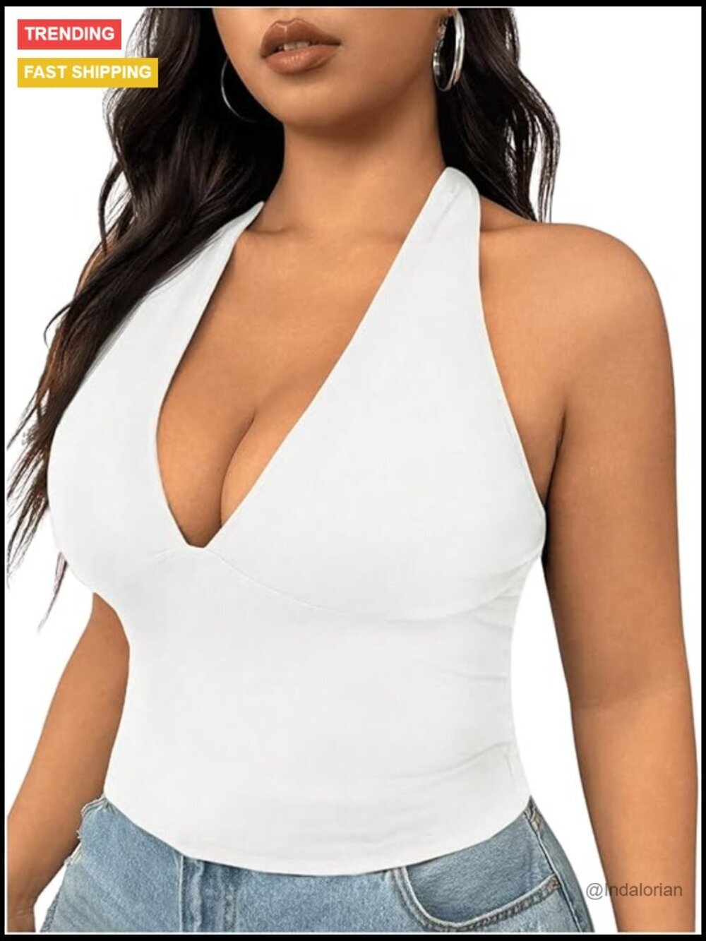 Plus Size Halter Deep V Neck Tank Top Backless Sleeveless Crop Top Going Out